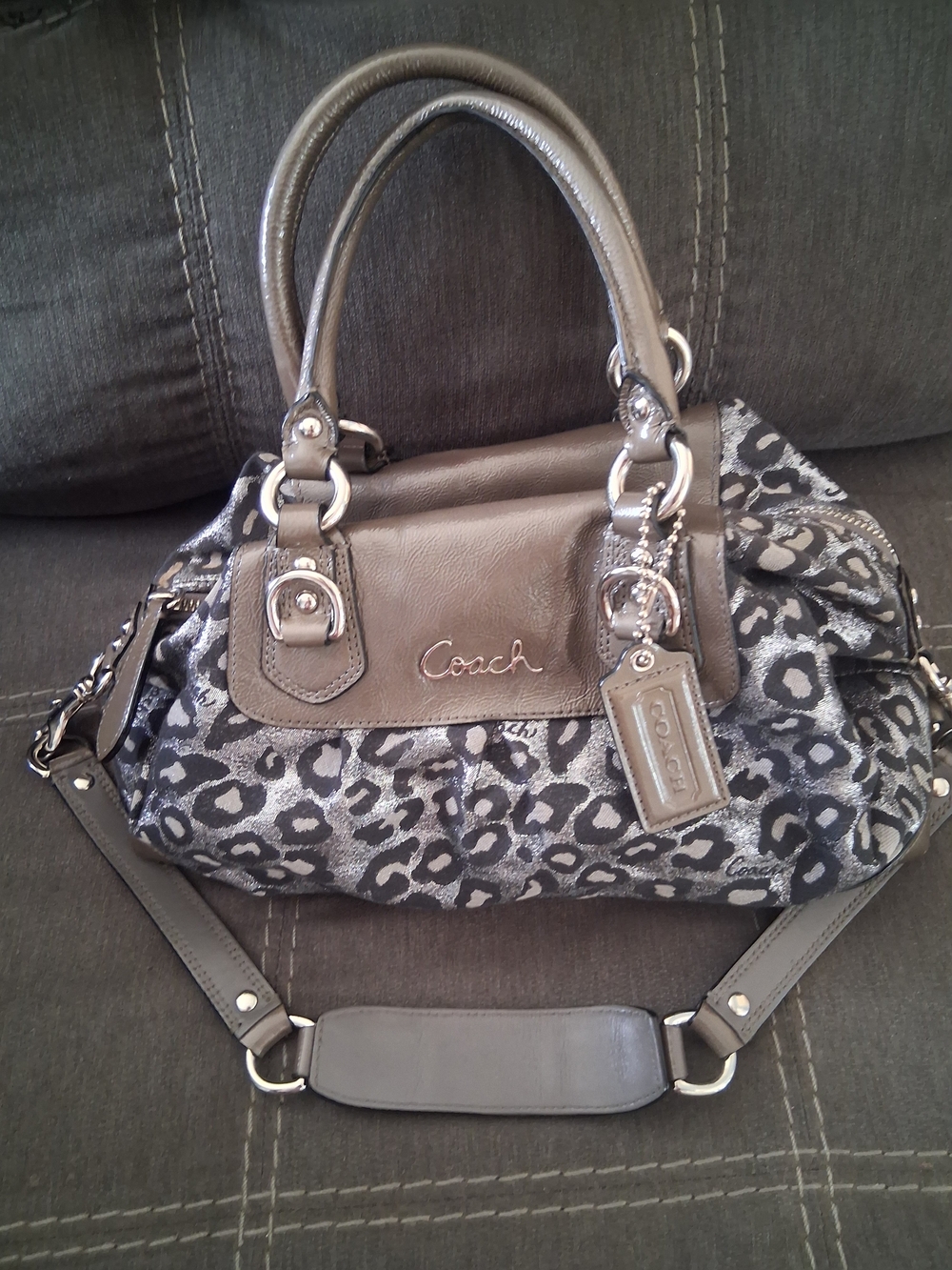Coach Gray Leopard-Print Satchel with Leather Trim